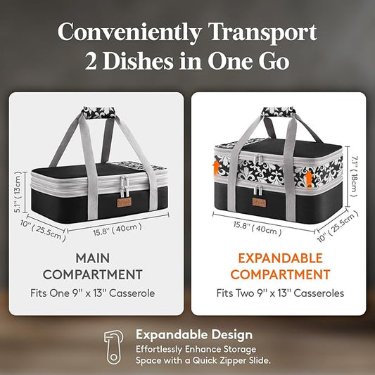 Lifewit Expandable Insulated Casserole Carrier for Hot or Cold Food, Double Decker Food Bag Lasagna Holder Carry Tote for Potluck Parties/Picnic/Cookouts, Fits 9"x13" Baking Dish, Black-Flowers