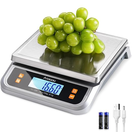 66lb Commercial Digital Kitchen Scale 30kg/1g, with 6 Units Conversion, Stainless Steel, LCD Display, AA Battery or Plug-in Use for Baking, Bread, Cooking, Meat LC200