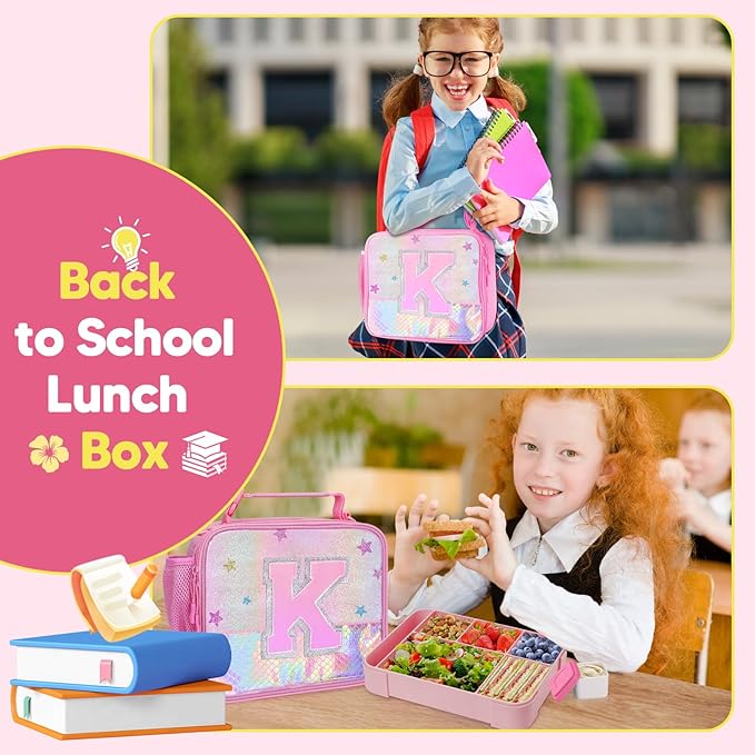 JYPS Bento Box for Kids with Leak-proof Insulated Lunch Bag,BPA Free Kids Lunch Box with 6 Compartment,Salad Container,Utensils,Perfect Lunchbox for Girls and Toddlers Back to School Age 7-15(Pink K)