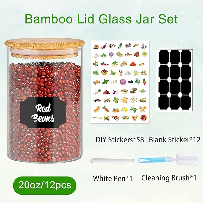 Glass Jars with Bamboo Lids 20 oz, 12 Pcs Stackable Kitchen Glass Pantry Storage Containers with Bamboo Lids for Rice, Candy, Sugar, Flour, Nuts, Cookie, Bean