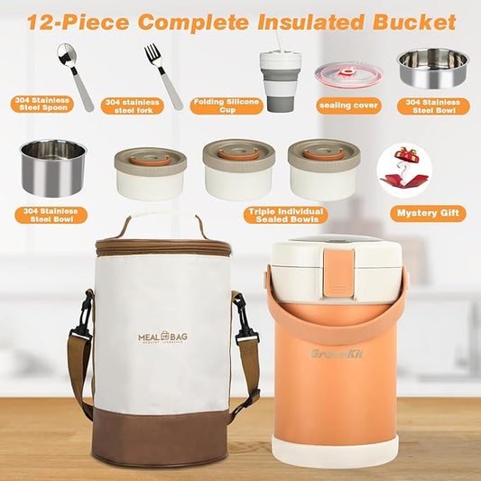 Thermo for Hot Food 3-Layer Termos Para Comida Caliente 67oz Leakproof Lunch Box for Men Women Adults - Insulated Soup Container w/Cutlery, Collapsible Cup & Thermal Bag, Office Camping Travel