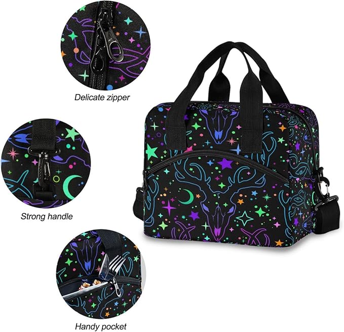 MNSRUU Insulated Lunch Bag - Deer Magic Skulls Lunch Box Tote Cooler Bag - Reusable, Leakproof with Adjustable Shoulder Strap - For Work, School