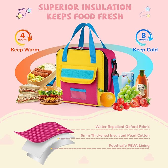REDSHELL Tactical Lunch Box Kids, Large Insulated Lunch Bag for Girls, Cooler Lunchbag, Square Toddler Lunchbox, School Daycare Lunch Tote Pail with Water Bottle Holder Shoulder Strap, Pink Blue