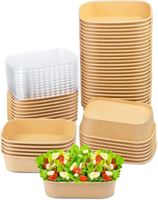 19 oz 50 Pcs Paper Bowls, 580ml Disposable Salad Bowls with Lids, Square Kraft Paper Bowl, Disposable Food Containers with Lids for Salad, Soup, Snacks, Desserts