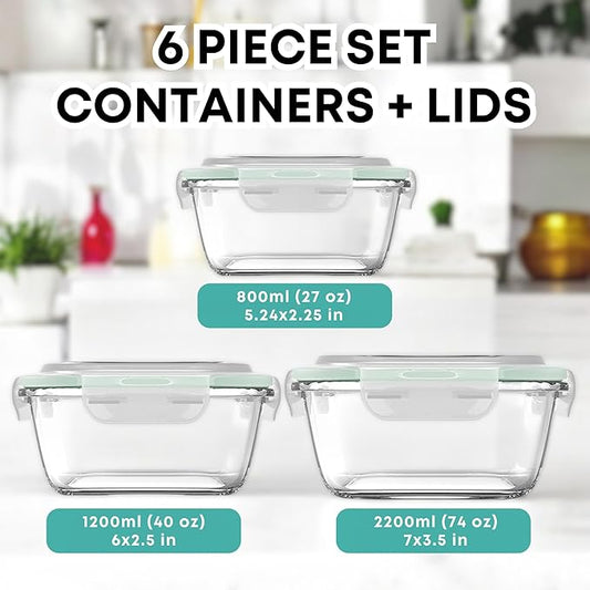 Razab 6 PC Square Glass Food Storage Containers with Airtight lids (74, 40 & 27 oz) Kitchen Glass Meal Prep Containers Set for Freezer Reusable Leftover Lunch Boxes, Oven, Microwave, Dishwasher Safe