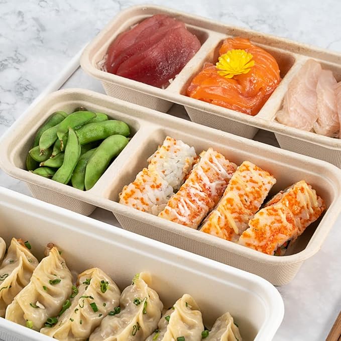 Restaurantware Pulp Tek 9.2 x 3.8 x 1.8 Inch Takeaway Food Boxes 100 Microwavable Take Out Containers - Lids Sold Separately Freezable Bagasse Catering Food Containers 2 Compartments 17 Ounces