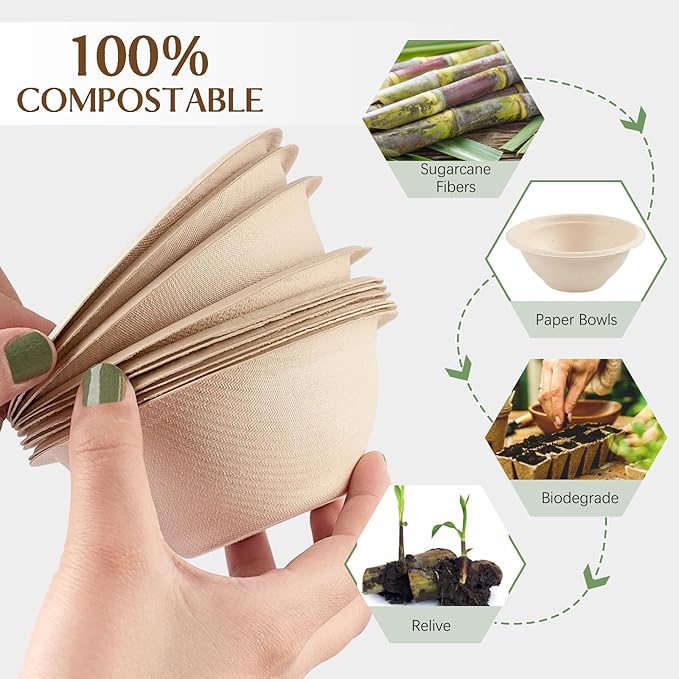 150 Pack 8 oz Paper Bowls Disposable Small Compostable Soup Bowls Natural Sugarcane Biodegradable Bowls for Ice Cream, Desserts, Pet Food