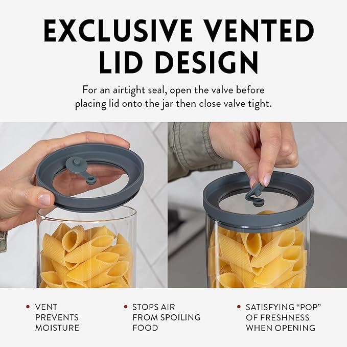 Glass Spaghetti Containers with Airtight Silicone Lids – BPA-Free Pantry Storage Jars for Pasta, Rice, Flour, and Dry Foods – Set of 3 with Portion Tool