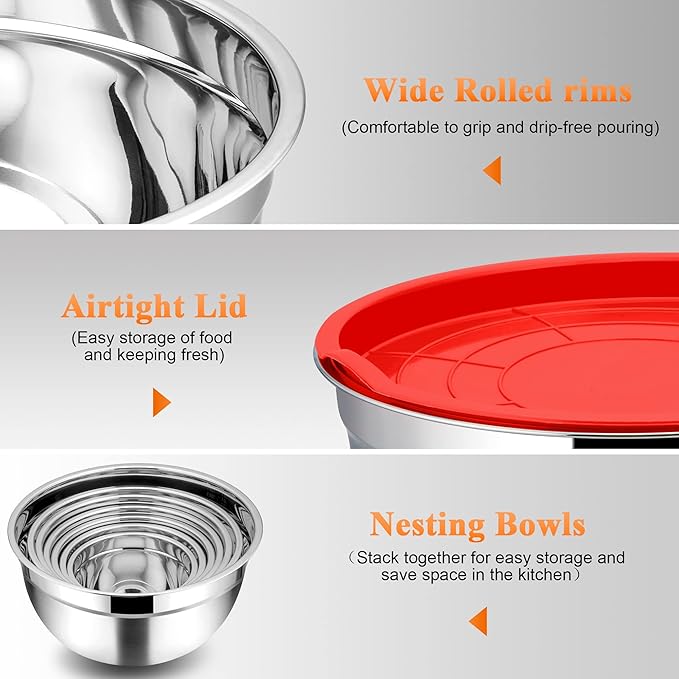 TeamFar Mixing Bowls with Lids Set of 7, Stainless Steel Nesting Mixing Bowls Set with 16 PCS Kitchen Utensils for Prepping Mixing Serving, 7, 4.5, 3, 2.5, 1.5, 1.2, 0.7 QT, Colorful