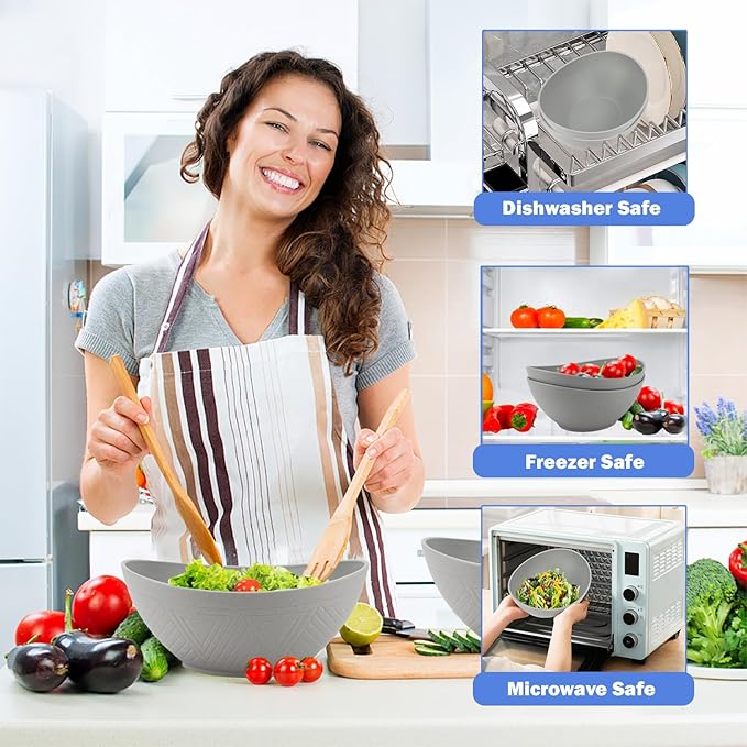 Wheat Straw Bowls Set,Unbreakable Large Salad Bowls Set of 2,Microwave and Dishwasher Safe Bowls Plastic Bowls for Eating,BPA Free Salad Bowl for Serving,Oatmeal and Salad.Gray