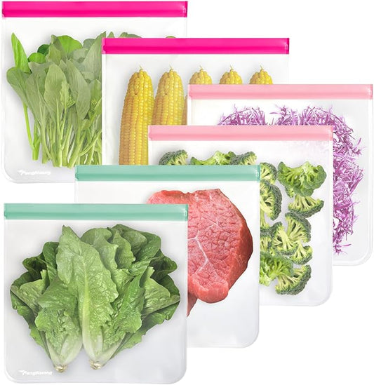 6 Pack Large Size 11 inches Reusable food Storage Bags,BPA Free PEVA Reusable Freezer Bags,Reusable Gallon Bags, Reusable Sandwich Bags (Colors-6 Pack)