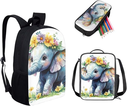 Dolyues Flower Elephant Girls' Backpack Set17-Inch Student Backpack Shoulder Lunch Bag & Glitter Pencil Case for Girls Ages 6-12