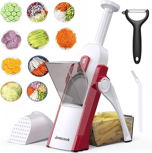 Safe Mandoline Slicer for Kitchen, Adjustable Thickness 0.1-8 mm, 5 in 1 Multi Vegetable Chopper, Potato Slicer, Food Chopper French Fry Cutte, with Paring Knife/Cleaning Brush, Mandolin (RoseRed)