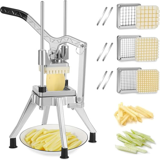 Commercial Vegetable Chopper, Stainless Steel French Fry Cutter Heavy Duty Potato Dicer Fruit Slicer for Restaurant Home Kitchen (1/2"+3/8"+1/4" Blades)