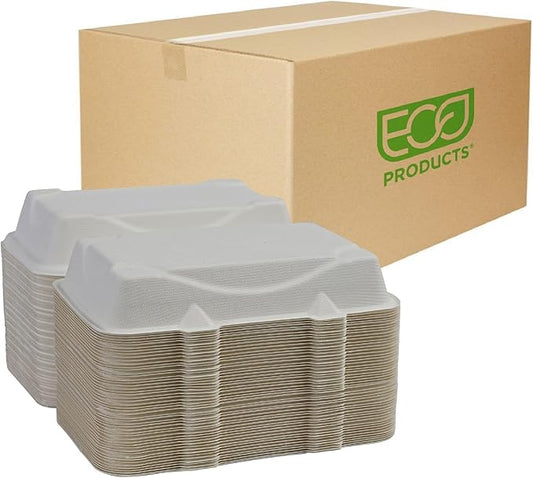 Eco-Products Compostable Vanguard 9"x6" Clamshell To Go Containers, Case of 250, Take Out Food Box, White Renewable Molded Fiber, No-Added PFAS, Grease & Cut Resistant, ASTM Compliant, BPI-Certified