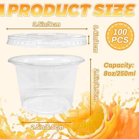 100 Pcs 8 OZ Disposable Plastic Cups with Flat Lids,Clear Portion Cups with Flat Lids,Clear Plastic Ice Cream Containers with Lid for Parfaits,Drink,Yogurt,Soups,Salad,Fruit(With Holes)