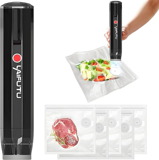 Vacuum Sealer with 5 PCS Reusable Sous Vide Bags, Handheld Compact Vacuum Sealer For Food Preservation, Portable Cordless Sealer Machine Food Fresh for Preserving Vegetables, Fruits, Black