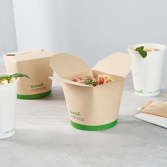 Restaurantware Sustain 26 Ounce Sturdy Paper Take Out Boxes, 50 Disposable Take Out Food Containers - With PLA lining, Compostable, Bamboo Paper Containers, Built-In Tab-Lock Cover, Greaseproof