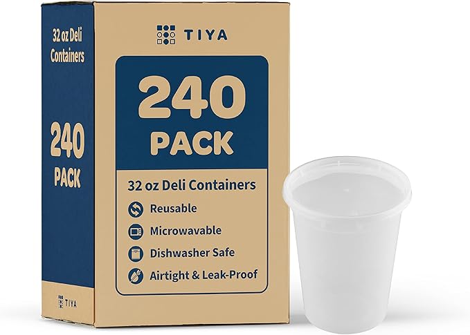 TIYA Takeout Food Containers - 32oz Bulk 240 Pack with Lids - Plastic Food Storage to-Go Containers - Reusable Microwavable Dishwasher Safe Takeout Cups - Airtight Leak Proof for Soups & Meal Prep