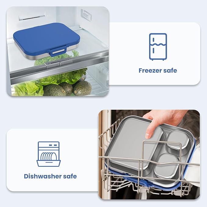 Stainless Steel Lunch Box, Leak-Proof with free sealing Bento Box 3 Compartments, Metal Lunchbox for Travel & Work, Eco-Friendly Meal Storage Solution Blue