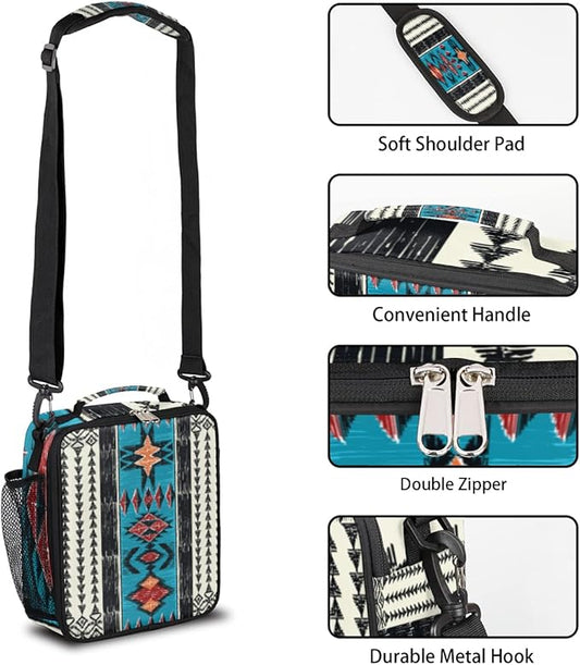 Ethnic Aztec Kids Lunch Bag Aztec Insulated Lunch Box for Boys Girls, Cooler Freezable Meal Prep Bag with Shoulder Strap Waterproof Lunch Container for School Office Picnic