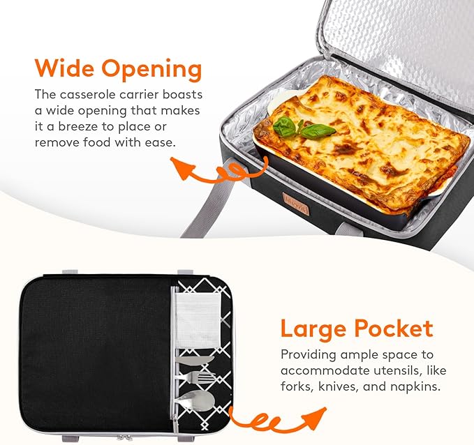 Lifewit Expandable Insulated Casserole Carrier for Hot or Cold Food, Double Decker Food Bag Lasagna Holder Carry Tote for Potluck Parties/Picnic/Cookouts, Fits 9"x13" Baking Dish, Black-Geometric
