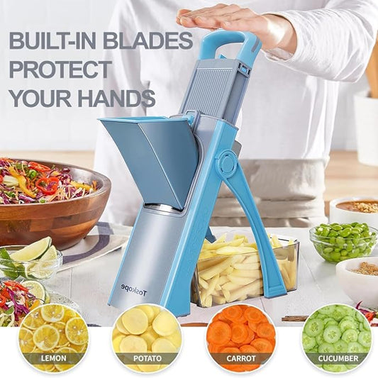 Upgraded Safety Mandoline Slicer, Adjustable Thickness Potato Slicer, French Fries Slicer, 4-in-1 Vegetable Slicer, Removable Easy-to-Clean Kitchen Vegetable Chopper (Blue)