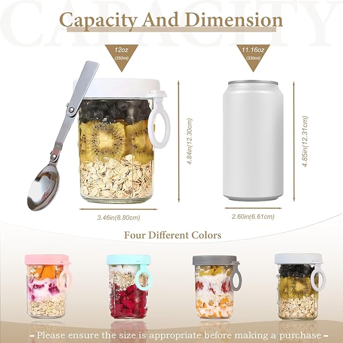 Overnight Oats Containers with Lids and Spoons - Glass Cups for Yogurt, Milk, Cereal, Pudding, Parfait, Oatmeal, Juice, Airtight Glass Canisters, 12 oz Mason Jars, Set of 6