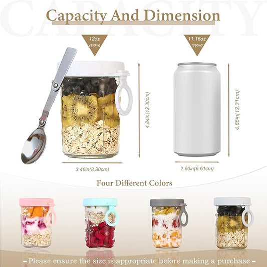 Overnight Oats Containers with Lids and Spoons - Glass Cups for Yogurt, Milk, Cereal, Pudding, Parfait, Oatmeal, Juice, Airtight Glass Canisters, 12 oz Mason Jars, Set of 6