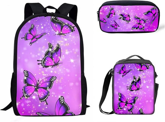 Dolyues 3 Piece Fashion Kids Backpack Set with Lunch Bag and Pencil Box, Purple Shiny Crystal Butterfly Print School Bookbag Outdoor Travel Bags Lightweight Daypack for Teen Girls