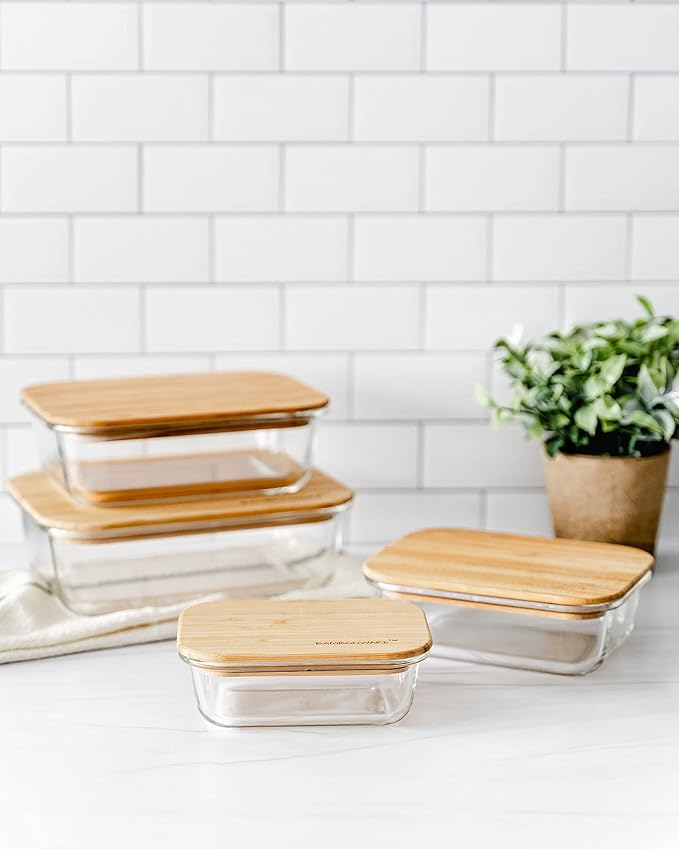Glass Containers with Lids | Non Plastic Glassware Set - Natural Raw Organic Wooden Bamboo Lids | Set of 4 | Reusable, BPA Free | Perfect for Meal Prep, Lunch, Leftovers, Kitchen