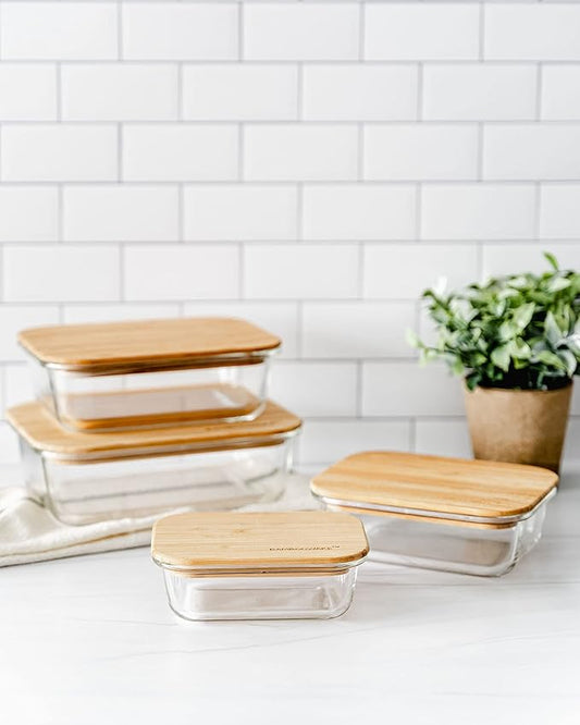 Glass Containers with Lids | Non Plastic Glassware Set - Natural Raw Organic Wooden Bamboo Lids | Set of 4 | Reusable, BPA Free | Perfect for Meal Prep, Lunch, Leftovers, Kitchen