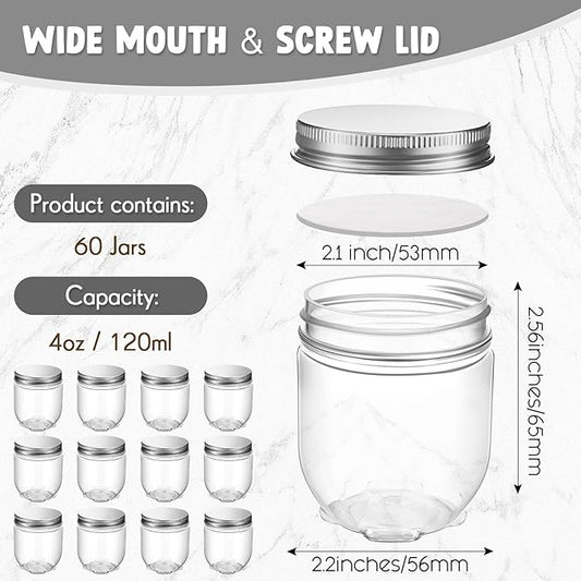 Tanlade 60 Pcs 4 oz Clear Plastic Wide Mouth Mason Jars with Lids Small Honey Jar Mini Storage Containers Bulk for Herb Jelly Butter Wedding Favors Shower Party (Silver)