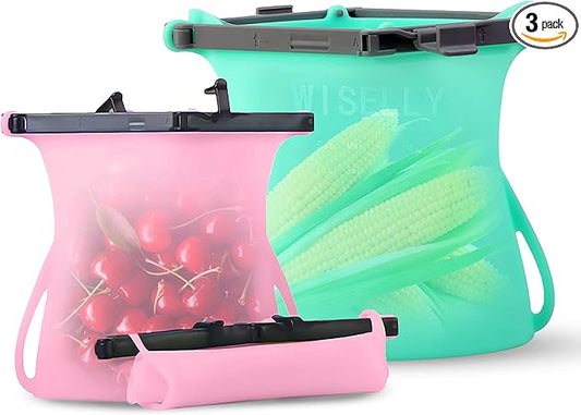 Silicone Food Storage Bags Reusable Stand-Up FoodBunker Dishwasher Safe Set of 3 (2 x 33 Oz + 101 Oz) For Freezing, Marinating Silicone Food Storage Bags