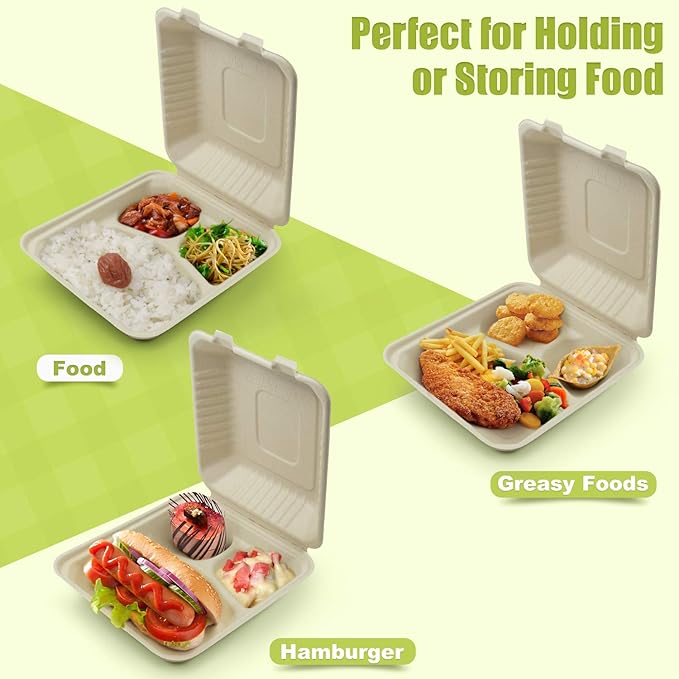 Green Earth, 8-inch, 50-Count, 3-Compartment, Compostable Clamshell, BAM ware (Bamboo Fiber), Take-Out/to-Go Food Boxes - Biodegradable Containers, Hinged Lid Microwave-Safe Gluten-Free