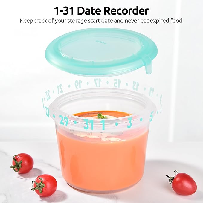 U-Taste Silicone Food Storage Containers Set: Meal Prep Box with Airtight Lid, Freezer & Microwave Safe, Date Marking Circle, Clear cup/oz/ml Measurement for Dry & Wet Deli (2oz/4oz/8oz/16oz, Teal)