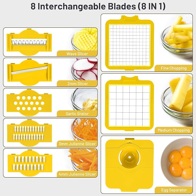 14-in-1 Vegetable Chopper Multi-Function Slicer with 2mm Thin Cut, Egg Separator, Crinkle Blade & Quiet Motor for Low-Carb Cooking (White & Yellow 8 in1)