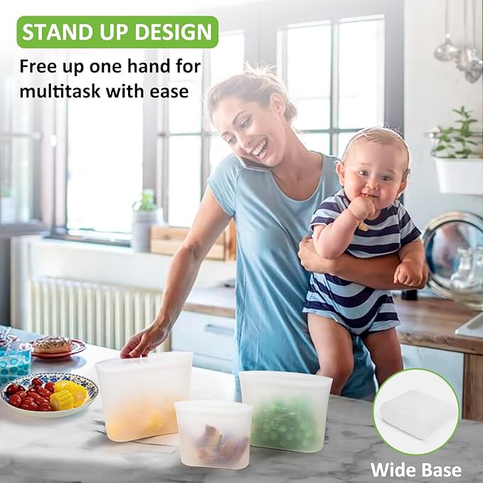 Reusable Storage Bag, 12 Pack 100% Silicone Food Storage Bags Stand Up Silicone Zip Lock Bags for Food Container, Freezer Microwave Oven Dishwasher Safe, 4 Large 4 Medium 4 Small, Translucent