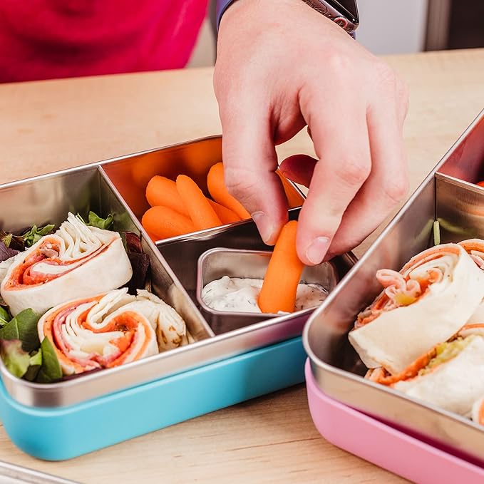 WeeSprout 18/8 Stainless Steel Bento Box (Compact Lunch Box) - 3 Compartment Metal Lunch Containers, for Kids & Adults, Bonus Dip Container, Fits in Lunch Bag & Backpack