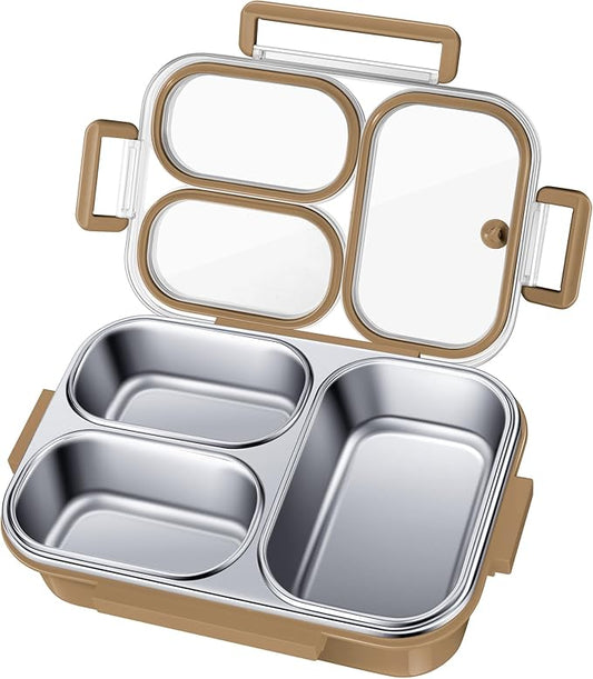 Stainless Steel Lunch Box for Kids & Adults - 25 oz - Leakproof 3 Compartment Metal Lunch Container - 18/8 Stainless Steel Bento Box - Ideal for School, Office & Outdoor - Dishwasher Safe (Khaki)