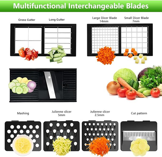 Vegetable Chopper, Onion Chopper Dicer, Mandoline Slicer, Food Chopper with Container, Vegetable Cutter for Salad Potato Carrot Garlic（9 Blades, White Black）