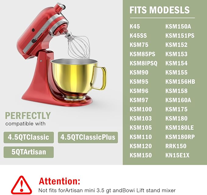 5QT Stainless Steel Mixer Bowl Compatible with Kitchen aid Stand Mixers Kitchenaid Replacement Bowl for 4.5-5 QT Tilt-Head Mixer with Handle, Gold