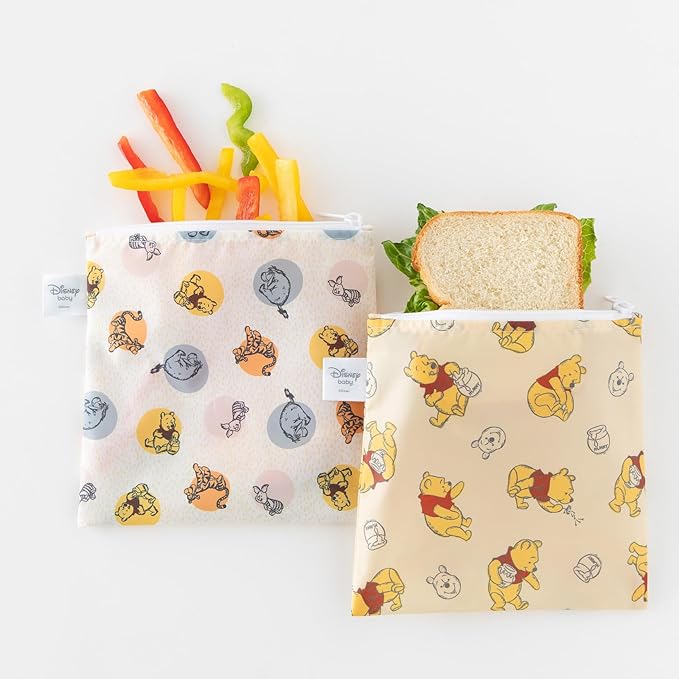 Bumkins Disney Reusable Sandwich and Snack Bags, for Kids School Lunch and for Adults Portion, Washable Fabric, Waterproof Cloth Zip Bag, Travel Pouch, Food-Safe Storage, Large 2-pk Winnie the Pooh