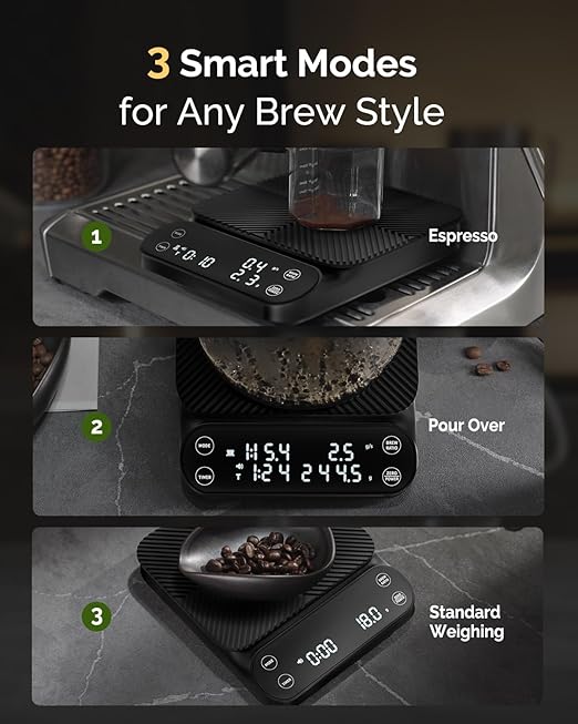 Maestri House Rechargeable Coffee Scale with Timer, 3kg/0.1g Pour-Over Scale, 3 Brewing Modes, Customizable Brew Ratio, Barista-Grade Digital Coffee Scale for Pour-Over, Espresso, French Press-Black
