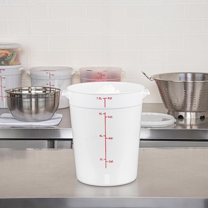 Restaurantware-Met Lux 8 Quart Food Storage Containers, 10 White Storage Containers - Lids Sold Separately, Red Volume Markers, Dishwashable Containers, Side Handles, For Storing Foods