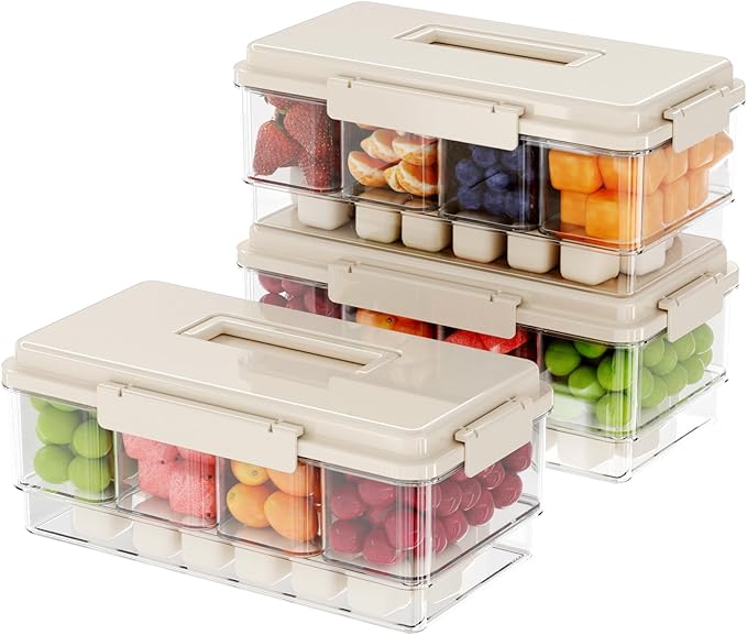 Eanpet 3Pack Ice Chilled Condiment Caddy with 4 Containers & 4 Lids Fruit Serving Tray Platter with Handle Portable Condiment Organizer Server for Mimosa Bar Supplies,Salad,Taco,Party Garnish,Beige