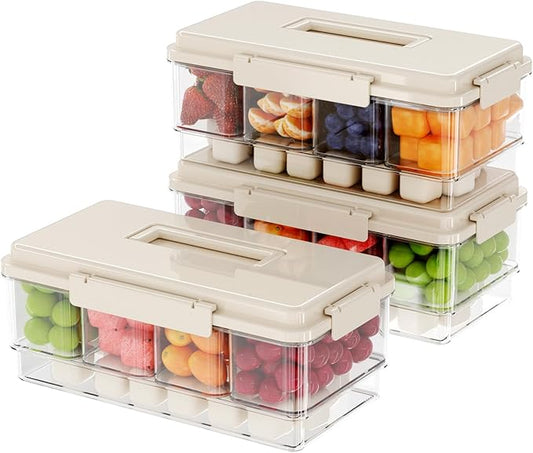 Eanpet 3Pack Ice Chilled Condiment Caddy with 4 Containers & 4 Lids Fruit Serving Tray Platter with Handle Portable Condiment Organizer Server for Mimosa Bar Supplies,Salad,Taco,Party Garnish,Beige