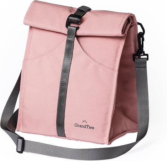 GRANDTIES Insulated Lunch Bag for Women, Men, Adults - Rolltop Leak Proof Meal Prep Lunch Box Containers, Reusable Snack Bags, Travel Cooler, Small Soft Cooler Bag, Fold Top Sandwich Bags, Pink