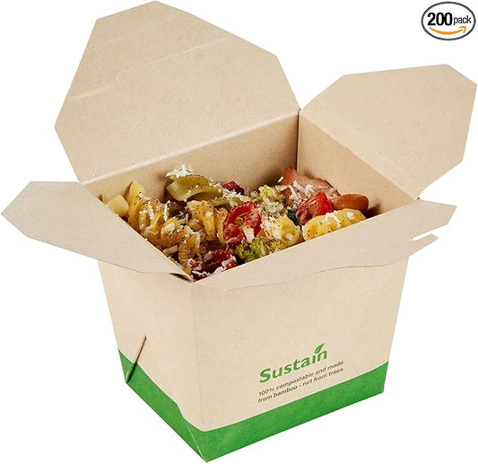 Restaurantware Sustain 16 Ounce Sturdy Paper Take Out Boxes, 200 Disposable Take Out Food Containers - With PLA lining, Compostable, Bamboo Paper Containers, Built-In Tab-Lock Cover, Greaseproof