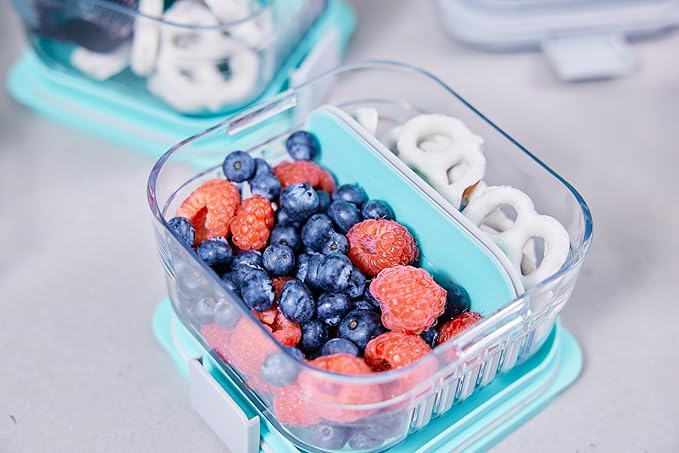 PackIt Mod Snack Bento Food Storage Container, Mint Green, Shatterproof Crystal Clear Base, with Leak-resistant Dividers and Lid, Microwavable, Dishwasher Safe, Perfect for Snacks